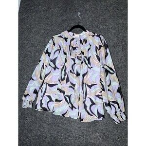 Calvin Klein Blouse Top Ruffled Pleated Long Sleeve XL Colorful Geometric Patter